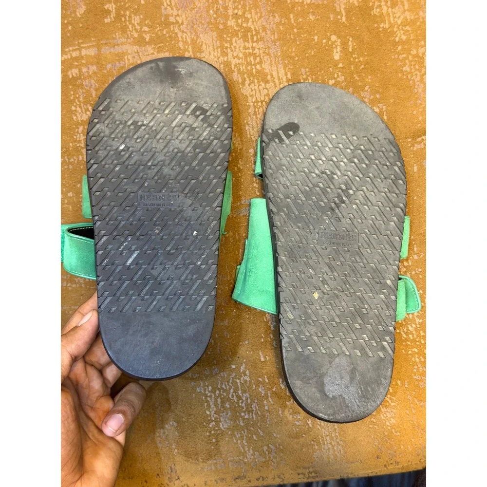 Hermes Chypre Sandals Green Suede Leather H Strap Slides Made in Italy